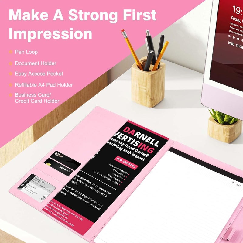 Tiankool Padfolio Portfolio Binder for Women - Stylishly Business Folder for Interview Resumes, Legal Documents | Notepad Not Included, Faux Leather, Pink - Image 3